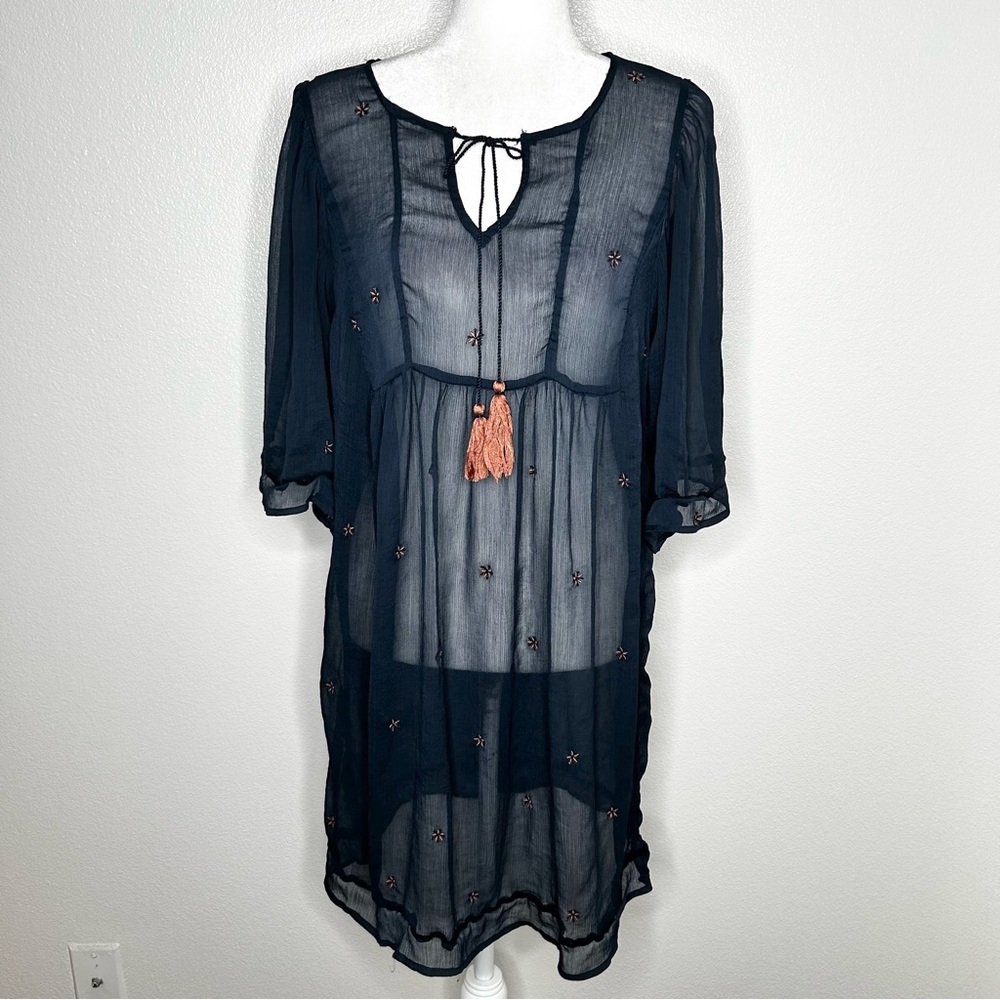 Lucky Brand Womens Navy Blue Sheer Embroidered Tassle-Tie Peasant Dress Size L